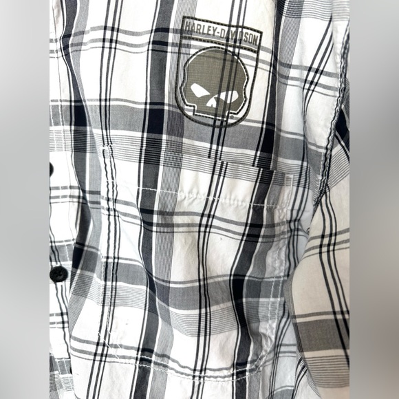 HARLEY-DAVIDSON Skull Shield Plaid Button Down Shirt Black White Gray Graphic - Picture 5 of 16